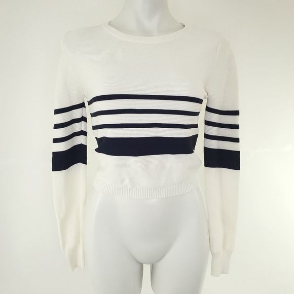 Lucy Paris Striped Cropped Pullover Sweater White Blue sz Small - Picture 2 of 9